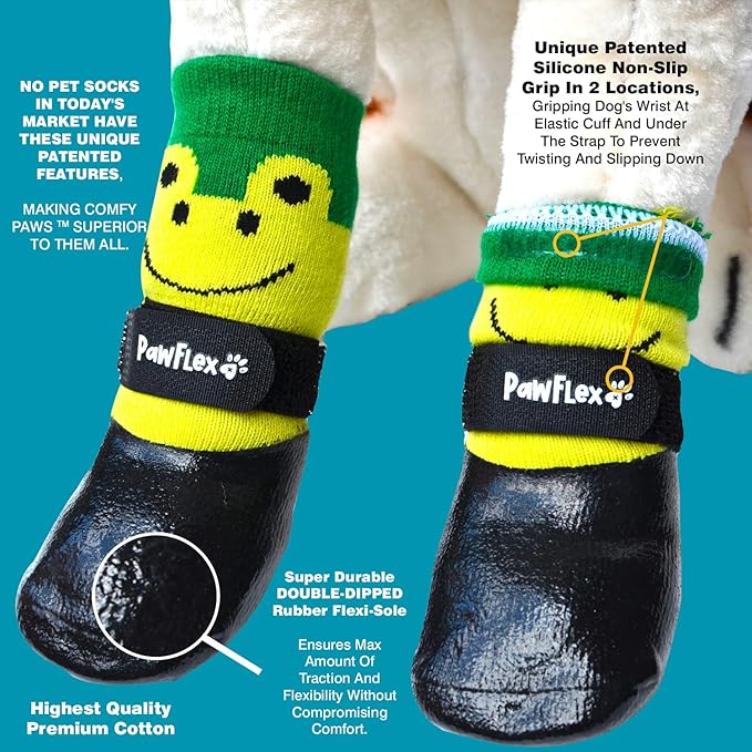 PawFlex Double Dipped Waterproof Dog Socks Comfy Pawz Soft Indoor/Outdoor Dog Booties with Rubberized Bottom| Non-Slip Silicone Grip at Inner Cuff for No Twisting or Sliding Off| Adjustable Strap