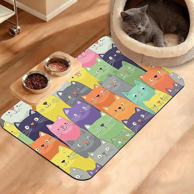 Cute Colorful Cats Dog Food Mat,Absorbent Pet Feeding Mat for Food and Water Bowl,Quick Dry Dog Placemat Non Slip Rubber Backing Waterproof Pet Supplies 16" x 24"