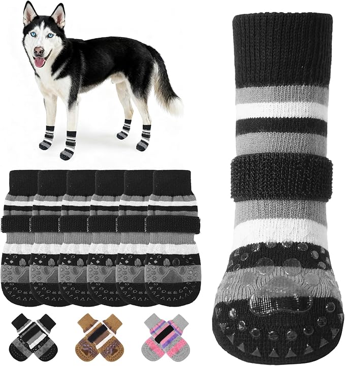 KOOLTAIL Anti Slip Dog Socks to Prevent Licking Paws and Slipping, Extra-Thick Grip Pet Boots & Paw Protectors, Winter Warm Puppy Shoes Booties for Hardwood Floors Small Medium Large Senior Dogs, M