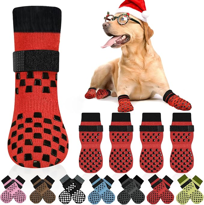 Non Slip Dog Socks to Prevent Licking Paws Grippy Socks for Senior Dog on Hardwood Floors Anti Slip Dog Socks for Christmas Holiday Double Side Paw Protector Prevent Scratching Red S