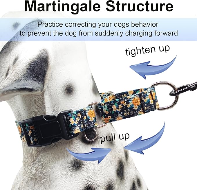 Reflective Martingale Dog Collar with Buckle Soft Nylon Floral No Slip Dog Collars for Medium Dogs (Black Orange Flowers, M)