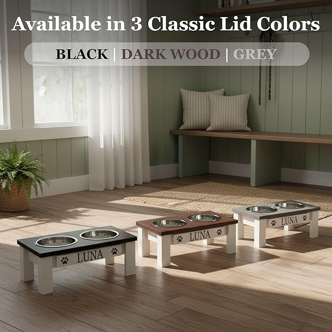 GTW Classic Dog Feeder - Elevated Stand with Stainless Steel Bowls Farmhouse Style, Anti-Slip, Easy Clean, Chic & Durable Design (Small, Dark Walnut)