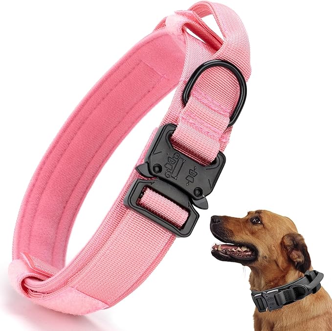 Tactical Dog Collar, Adjustable Military Training Nylon Dog Collar with Control Handle and Heavy Quick-Release Metal Buckle for Small Medium Large Dogs, Light Pink L