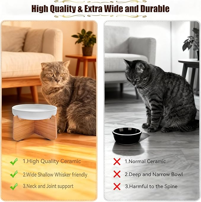 Shallow Elevated Cat Bowls with Bamboo Stand, 6.1 Inch Wide Ceramic Cat Dish Whisker Friendly, 2 Pack Pet Food and Water Plates