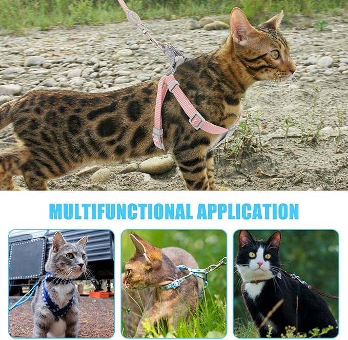 Kisangel Cat Harness and Leash Set Escape Proof Soft Adjustable Nylon Small Pink Kitten Walking Outdoor Pet Harness