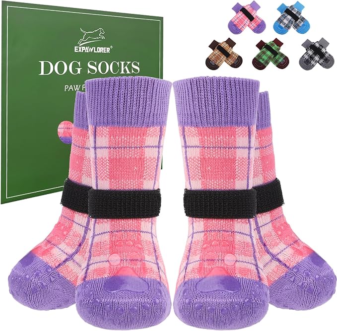 EXPAWLORER Dog Socks for Hardwood Floors, Dog Shoes for Winter, Dog Booties for Cold Pavement to Prevent Licking, Paw Protectors Strong Traction Control for Small Medium Large Dogs,Pink Purple XS