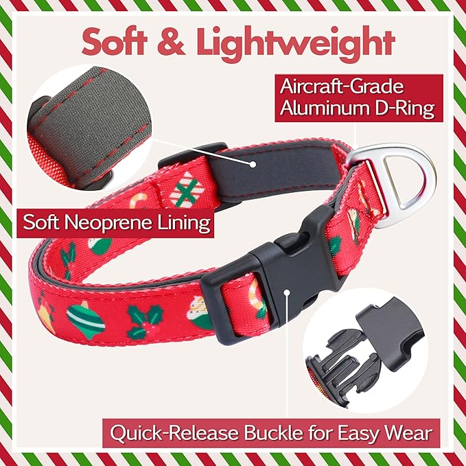 Christmas Dog Collar, Cute Holiday Red Collars for Girl & Boy, Reflective,Soft Padded Neoprene,Fully Adjustable,Durable & Lightweight Small Dog Collar, (Christmas, S)
