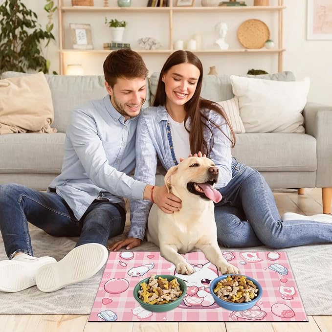 Pink Kitten Dog Food Mat,12"x20" Inches Rapid Absorbent Pet Feeding Mat,Pets Placemat Water Bowl Mats with Rubber Backing,No Stains Dog Cat Feeding Mats Indoor,Pet Accessories Supplies