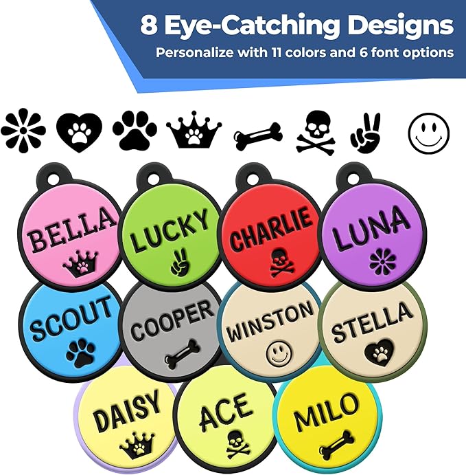 GoTags Silicone Dog Tags, Soundless Pet Tag, Personalized Silent Tag Engraved for Pets with Cute Custom Designs, for Dogs and Cats, (Round, Herbal Bloom)