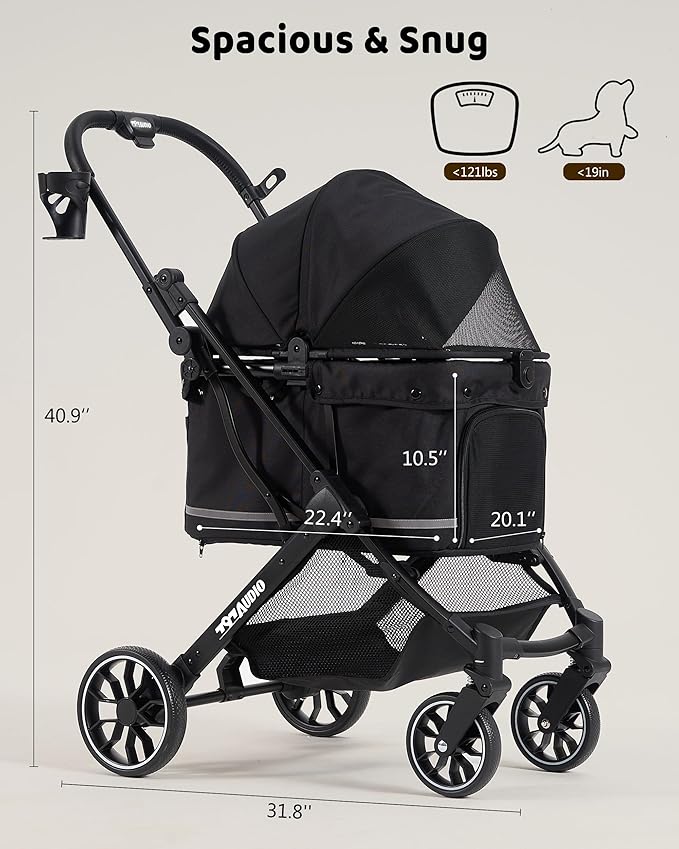 797Audio Dog Stroller for Small Medium Dogs,Pet Stroller for Cats Puppy Up to 121lbs,Foldable,One Click Folding,4 Wheel Shock Absorption,Adjustable Canopy with Sun Shades,Removable Washable Pad(Black)