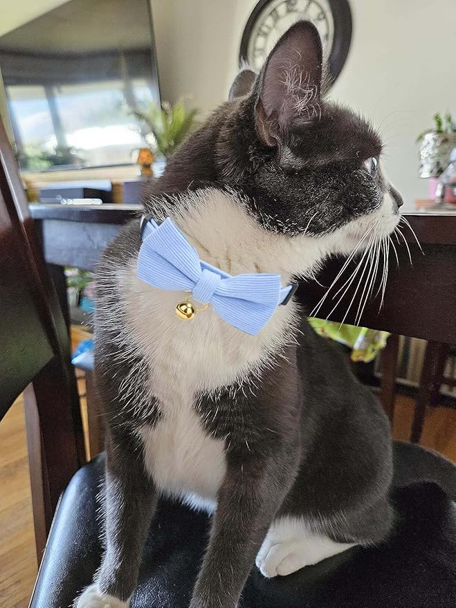 Cotton Breakaway Cat Collar with Bow Tie and Bell, Adjustable Cute Soft Corduroy Kitten Collars for Girl and Boy Cats