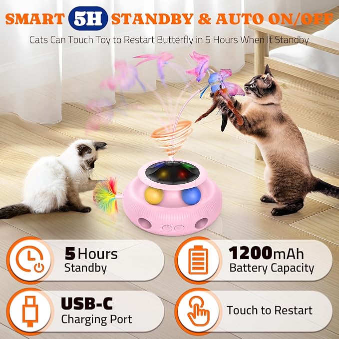 Pawtners Interactive Cat Toy 4 in 1 Automatic Cat Toy for Indoor Cats, Electric Kitten Toy with Rechargeable Battery, Self Play Kitty Toys with Fluttering Butterfly, Track Ball and Feather Pack, Pink