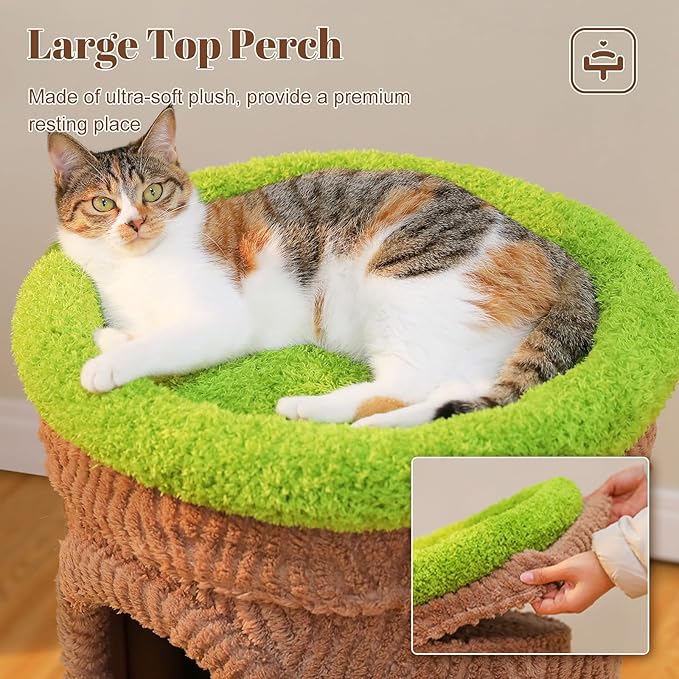 PETEPELA Wood Cat Tree for Large Cats with Flower Perch, 53.5" Modern Cat Tower with Solid Wood Scratching Posts & 2 Spacious Condos, Forest Themed Heavy Duty Cat Furniture for Multi-Cat Household
