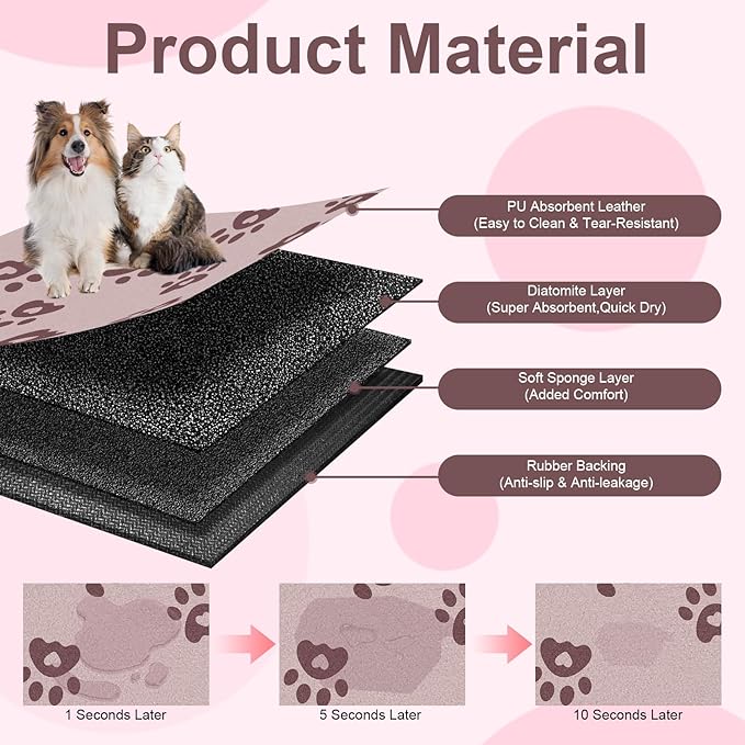 BLESWIN Pet Feeding Mat 17"x28", Absorbent Pet Food Mat, Dog Food Mat Large, Rubber Dog Mats are Non-Slip and Waterproof to Protect Floors, Mat for Cat Food and Water Bowls, Cat Feeding Mat, Pink