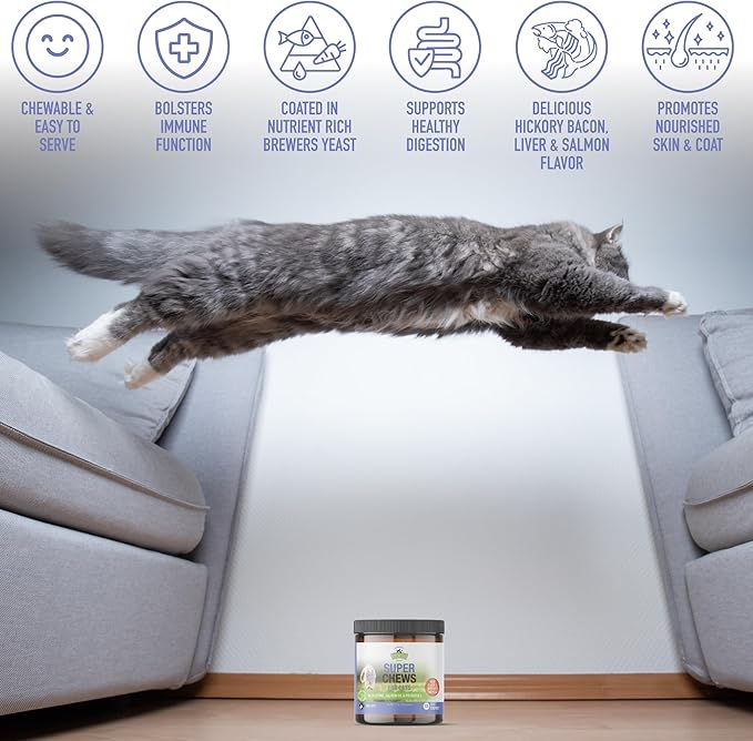 Strawfield Pets Super Chews for Cats - Lysine, Probiotics, Omega 3 Fish Oil (Salmon Oil), Catnip - Supports Immune, Gut, Skin & Joint Health - Hickory Bacon Salmon & Liver Flavor 120 Softchews