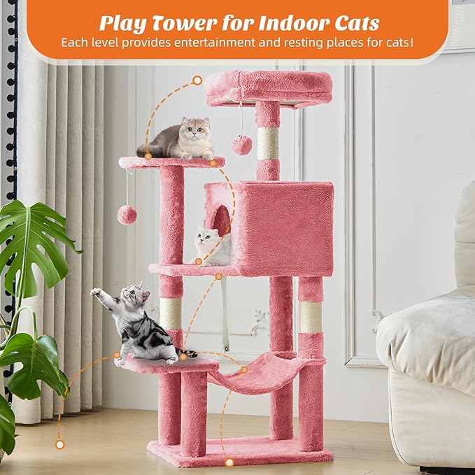 Sweetcrispy 44 inch Cat Tree Tower, Small Cat Climbing Tower with Condo, Natural Sisal Scratching Posts, Extended Platform, Hammock, Pet House for Indoor Cats and Kittens Play, Pink