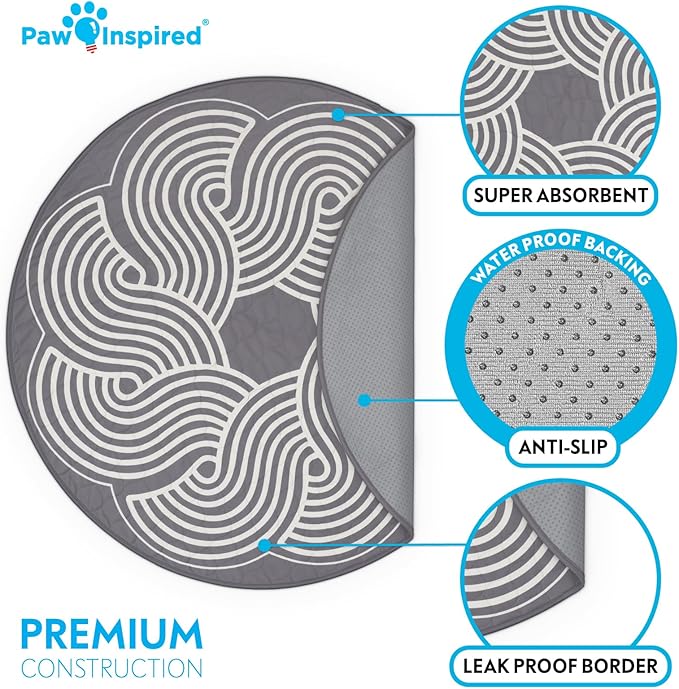 2ct Paw Inspired Round Designer Dog Pads | Premium Washable Pee Pads | Reusable Puppy Pads for Potty Training, Whelping, Waterproof Mat | Leakproof, Non-Slip Liner (Dark Gray, 36")