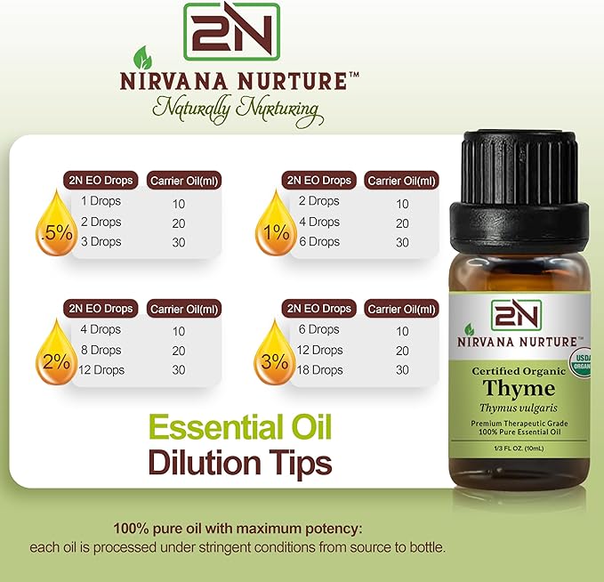 Nirvana Nurture Thyme Essential Oil USDA Certified Organic, 100% Pure Natural Premium Grade, Undiluted