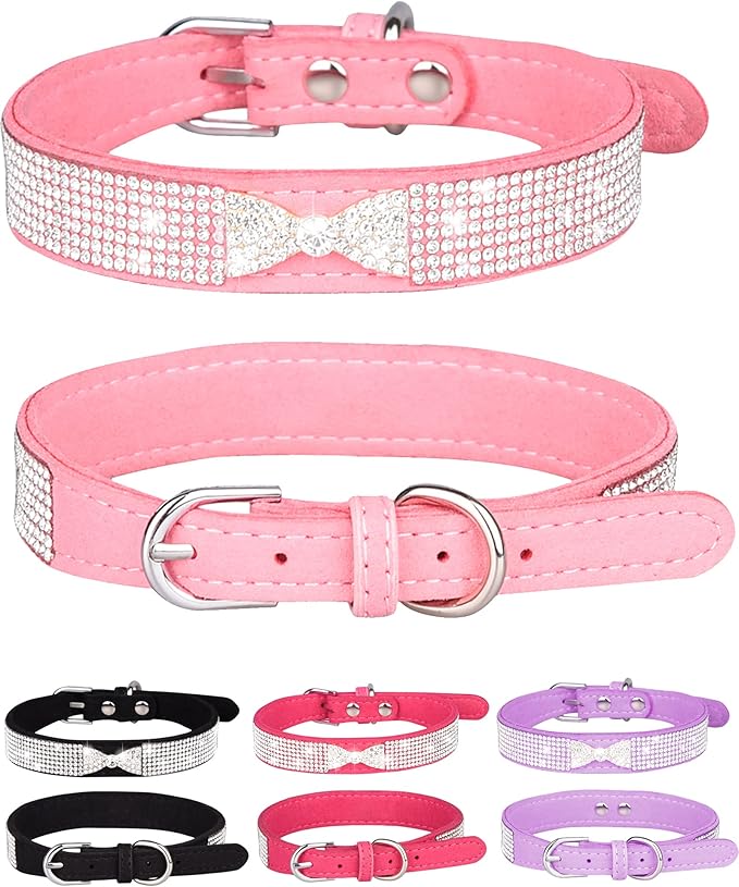 Dog Collar for Small Dogs, Adjustable Leather Suede Bling Dog Collars，Pink Dog Collar Cat Collar, Rhinestone Dog Collar (L, pink4)