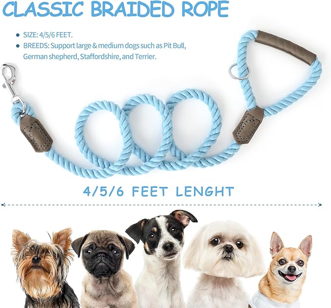 Mile High Life Dog Leash, Braided Cotton Rope Leashes with Leather Handle - Heavy Duty Metal Clasp, 6FT, 1/2" Thick - Wedding, Walking & Training Leash for Small Medium Large Dogs (Sky Blue)