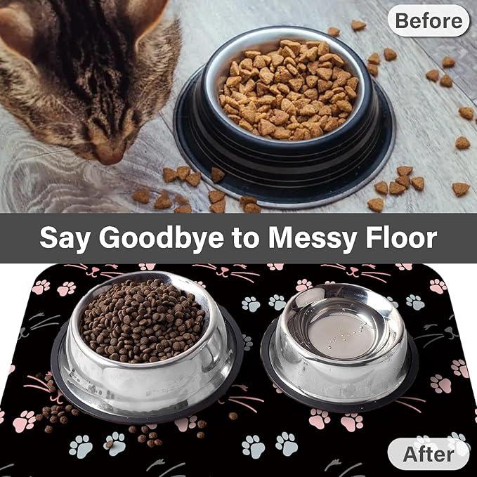 Patterned Cat & Dog Bowl Mat for Food and Water, 17"×30" Quick Dry Absorbent Pet Feeding Mat, Eco-Friendly Dog Placemat
