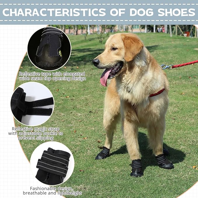 Dog Shoes for Large Dogs, Medium Dog Boots, Anti-Slip Reflective Dog Shoes, Paw Protectors for Winter Snowy and Summer Hot Pavement, Waterproof Dog Rain Boots(3.15" L*2.95" W)