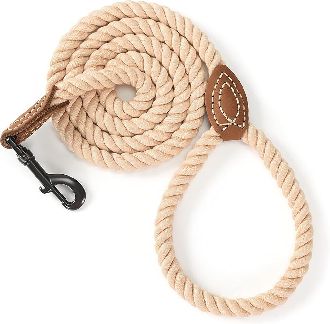 Mile High Life Dog Leash | Braided Cotton Rope Dog Leashes with Leather Tailor Tip | 5 Feet Dog Leash w Heavy Duty Metal Clasp | Wedding Dog Leash (Light Brown, 60 Inches)
