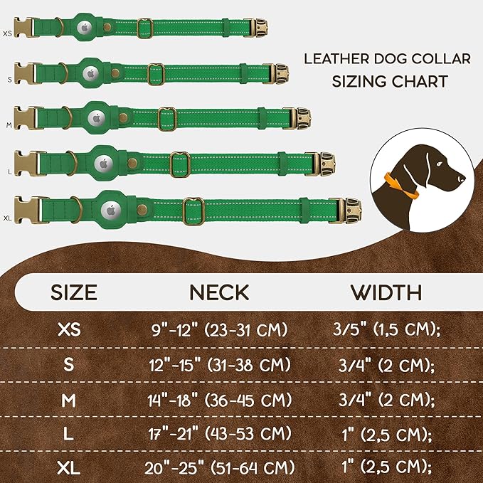 Reflective Leather Dog Collar with AirTag Holder - Soft Apple Airtag Dog Collar with Metal Buckle - Safety Cotton Pet Collars for Dogs Small Large Dogs Puppy (Green, XS, 9"-12")