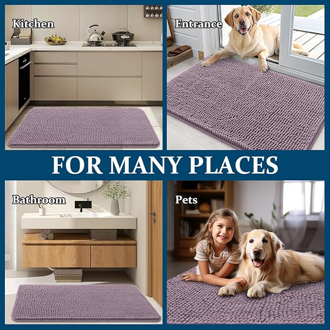 OLANLY Dog Door Mat for Muddy Paws 44x24, Absorbs Moisture and Dirt, Absorbent Non-Slip Washable Doormat, Quick Dry Chenille Mud Mat for Dogs, Entry Indoor Entryway Carpet for Inside Floor, Deep Plum