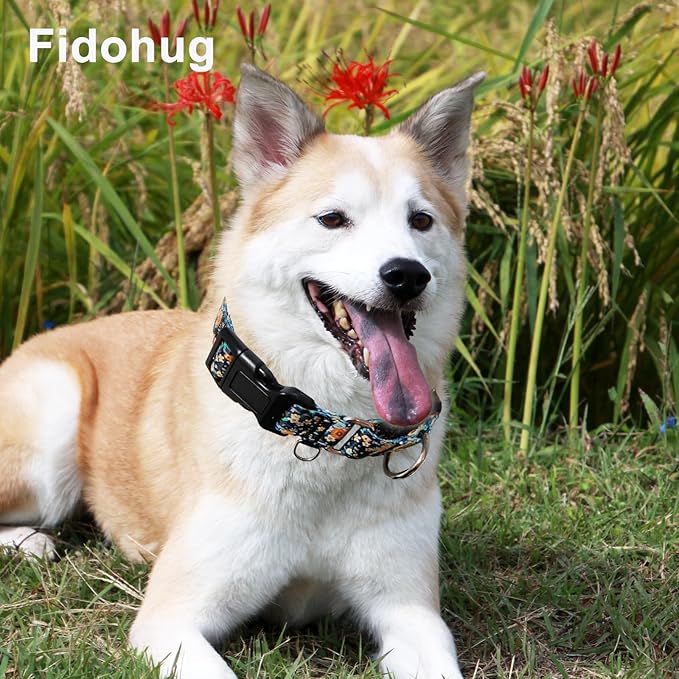 Reflective Martingale Dog Collar with Buckle Soft Nylon Floral No Slip Dog Collars for Medium Dogs (Black Orange Flowers, M)