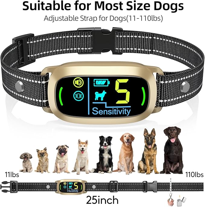 Dog Bark Collar for Large Medium Small Dogs, Rechargeable Smart Bark Collar, Anti Barking Training Collar with 5 Adjustable Sensitivity Beep Vibration (Gold)