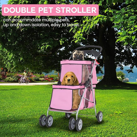 FDW 4 Wheels Pet Stroller Dog Cat Carriers Bag Lightweight Waterproof Folding Jogger Double Stroller with Cup Holders,Pink