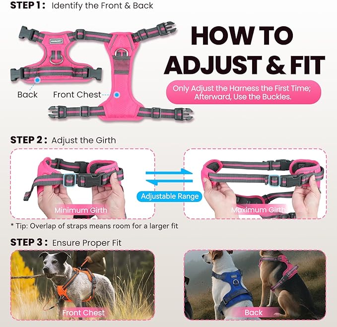 VIVAGLORY Dog Harness Easewalk No Pull Dog Harness with Handle & Front Back Clip for Training Lifting, Easy On Adjustable Padded No Pull for Pet & Puppy, XL, Red