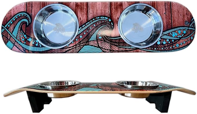 Funky Flies Island Time Skatebowl - Elevated Cat Bowl, Elevated Water Bowl, Skateboard Cat Food & Water Stand