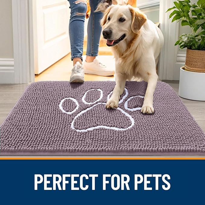 OLANLY Dog Door Mat for Muddy Paws 36x24, Paw Print Design, Absorbs Moisture and Dirt, Absorbent Non-Slip Washable Doormat, Quick Dry Chenille Mud Mat, Entry Indoor Entryway Carpet, Deep Plum