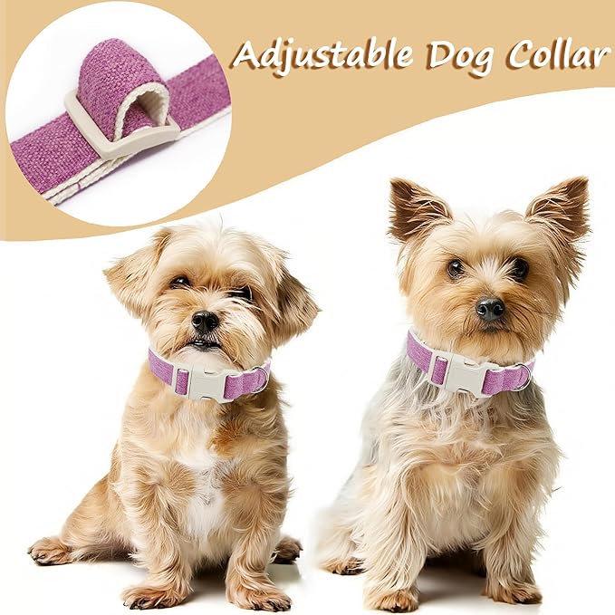 Cotton Hemp Dog Collar Adjustable, Purple Dog Collar Soft Natural Fabric with Quick Release, Cute Wedding Puppy Necklace for Small Medium Large Dog, Purple-S