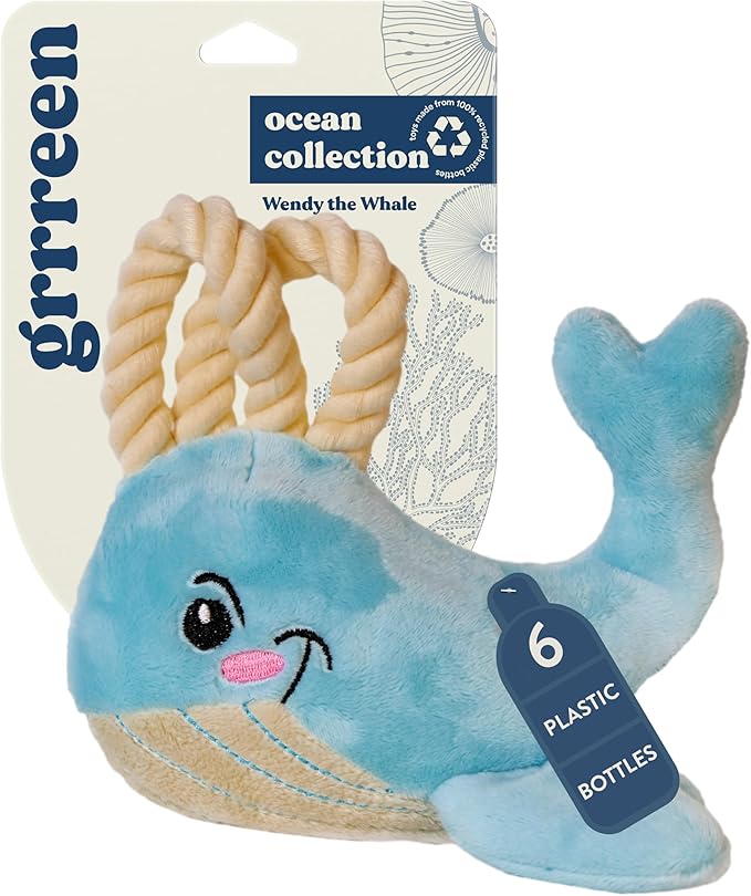 GRRREEN Dog Toys | Plush Whale Stuffed Animal with Rope for Dogs | Eco Friendly Toy - Easy to Clean and Made from Non Toxic Materials