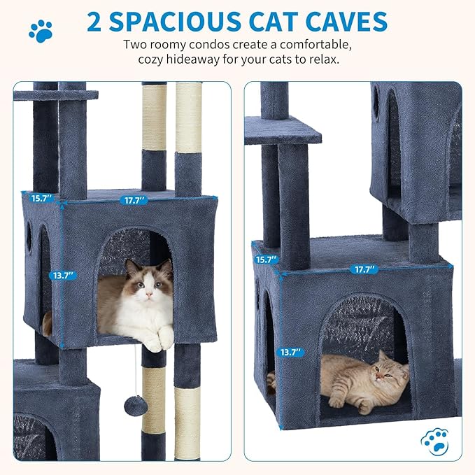 Cat Tree - 157cm Tall, Sisal Wrapped Scratching Post, Cat Nest, Hanging Ball, Extended Platform