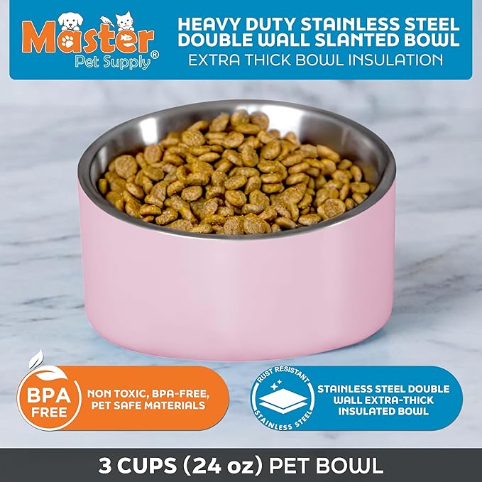 Master Pet Supply Stainless Steel Slanted Dog Cat Food Bowl - 24 oz Heavy Duty - Rose Quartz, Double Wall Insulated, Non-Slip Elevated Bowl for French Bulldogs Pugs Cats, Anti Rust Dishwasher Safe