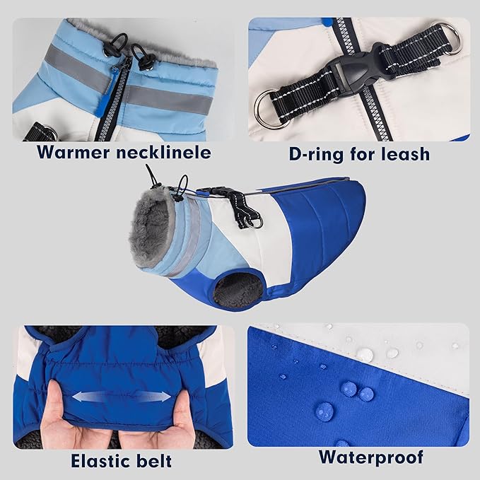 azuza Dog Jacket for Medium Dogs Waterproof Dog Coat with Reflective Strips and Harness Built in Warm Fleece Dogs Winter Coat Windproof with Back Zipper, Blue XL