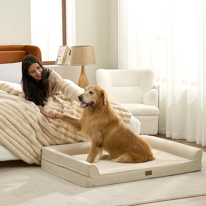 Dog Beds for Extra Large Dog, XXL Bolster Pet Couch with Waterproof Lining, Egg Crate Foam Sofa for Pets Up to 150 lbs, U-Shaped, 48x35x8 inch, Beige