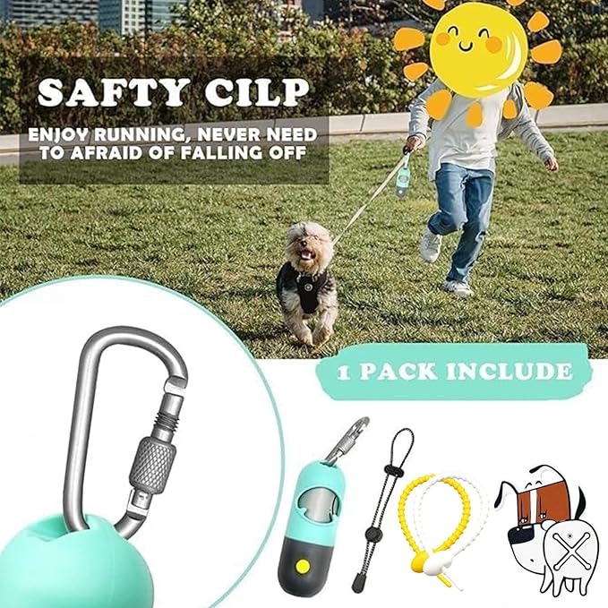Dog Poop Waste Bags Holder with LED Flashlight|Cute Doggie Poo Bags Dispenser for Pet Leash|Trash Waste Bags Carrier with Potty Bags Clip Fastener LR44 Button Cells Included(2 Pack) (Mint Green)