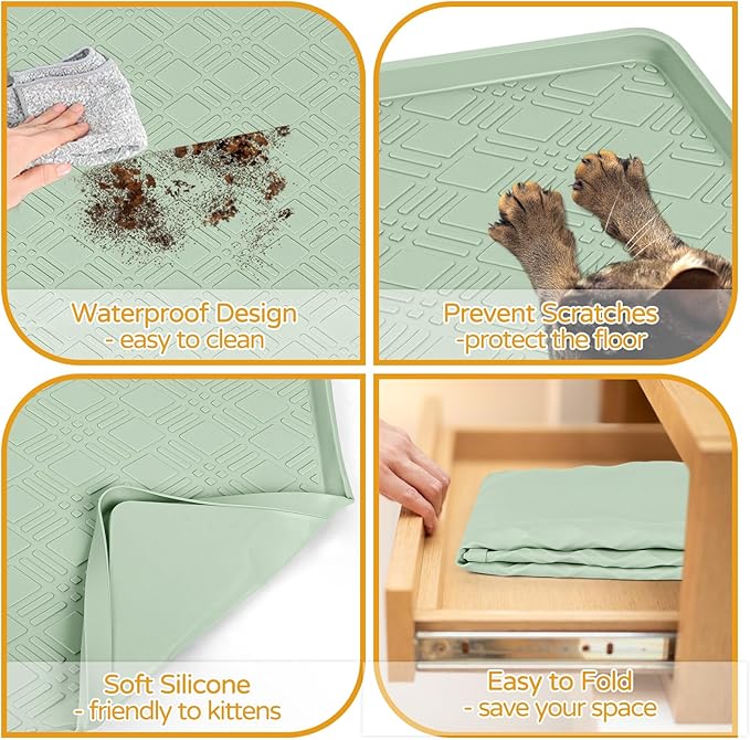 Lanstics Cat Food Mat, 42" x 29" Large Silicone Mat Cat Feeding Mat with Raised Edge Non-Slip Pet Feeding Mat for Food and Water Bowl, Easy to Clean, Floor Protection (Light Green)
