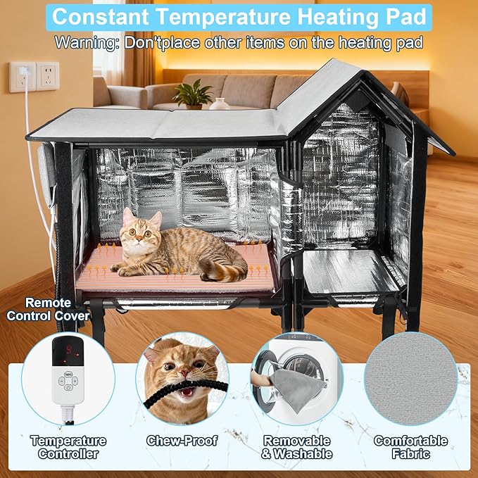 Heated Cat House for Outside Cats- 100% Weatherproof Insulated Outdoor Cat House with Heating Pad, Elevated Base & Safe Escape Door, Warm Kitty Shelter for Feral or Stray Cats in Winter