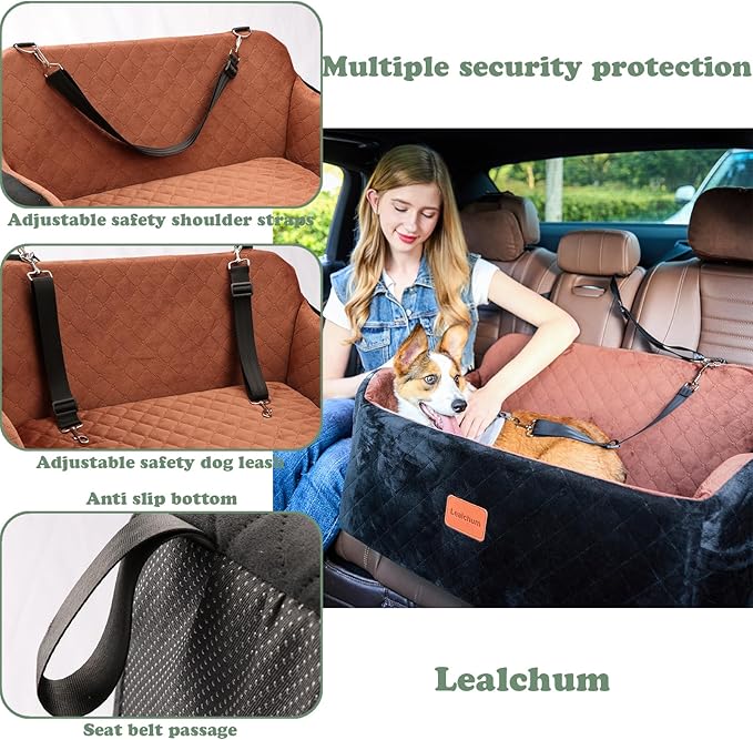 Lealchum Dog Car Seat Up to 55lb,2 Clip-On Safety Adjustable Leashs Car Dog Bed for 2 Small Dogs,Fully Detachable and Washable Pet Car Seat with 2 Storage Pockets,Easy to Install(Black/Grey, Large)