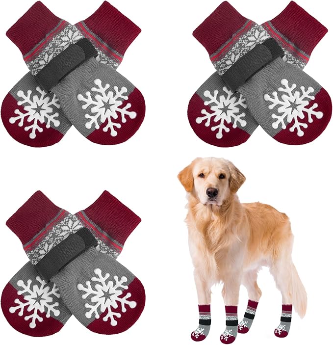 BEAUTYZOO Christmas Winter Anti-Slip Dog Socks with Grips Traction Control for Small Medium Large Dogs, Non Skid Indoor Double Side Pet Paw Protector for Hardwood Floor Wear, Snowflake