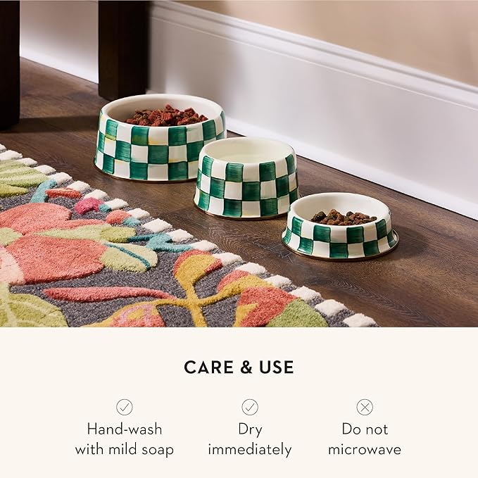 MACKENZIE-CHILDS Enamel Pet Bowl, Cute Cat and Dog Bowl for Food and Water, Large, Green-and-White Emerald Check