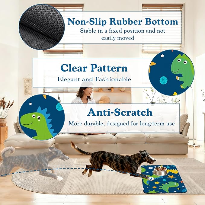 Cartoon Dino Pet Feeding Mat–Christmas Stocking Quick Dry Absorbent Dog Cat Food Mat, Non Slip Waterproof Bowl Placemat for Messy Eaters, Pet Accessories for Floors 16"x24"