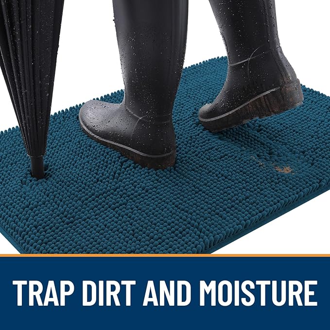 OLANLY Dog Door Mat for Muddy Paws 54x24, Absorbs Moisture and Dirt, Absorbent Non-Slip Washable Doormat, Quick Dry Chenille Mud Mat, Entry Indoor Entryway Carpet for Inside Floor, Atlantic Blue