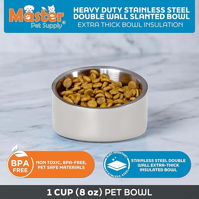 Master Pet Supply Stainless Steel Slanted Dog Cat Food Bowl - 8 oz Heavy Duty - Bone White, Double Wall Insulated, Non-Slip Elevated Bowl for French Bulldogs Pugs Cats, Anti Rust Dishwasher Safe